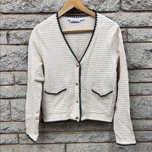 Elegant Simons Reprocessed Cotton Cream Cardigan with Black Trim